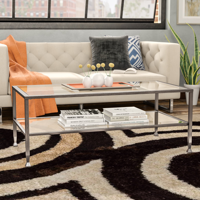 Jordyan Glass Top Coffee Table, Silver, 18.75" H x 48.25" W x 24.5" D