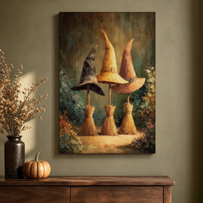 Décoration murale sur toile tendue représentant des chapeaux de sorcière fantaisistes sur des balais, avec feuillage, 61 x 91 cm (24 x 36 pouces).