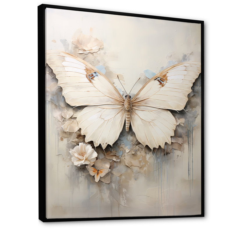 Minimalisme, papillon beige - art mural papillon, Cadre flottant noir, H 44 po x l 34 po x P 1,5 po