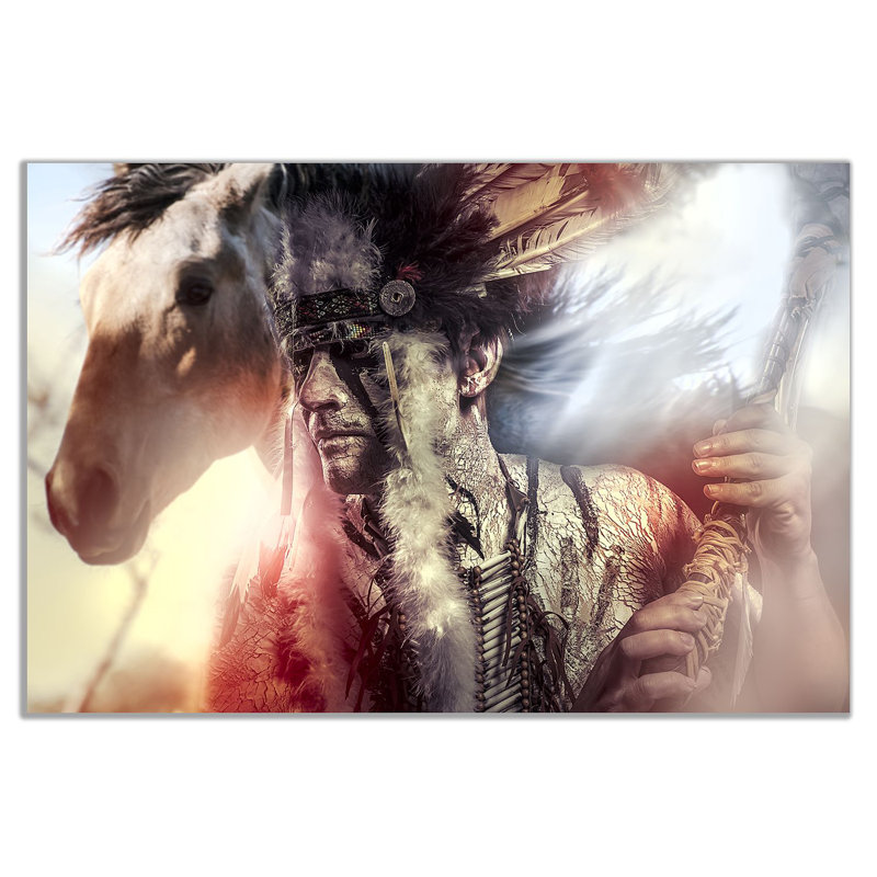 Native American Indian Warrior Chief Horse - Wrapped Canvas Print, 20cm H x 31cm W