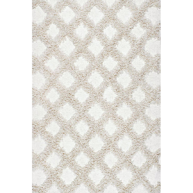 Tapis à poil long en tissu performance crème tissé à la machine avec motif de treillis et de losanges Kaliyanei
