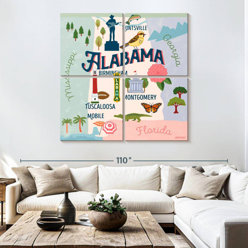 Cartes de l'État d'Aliaz - Attraits de l'Alabama, H 74 po x l 74 po