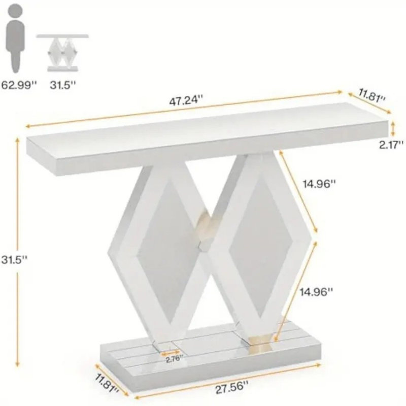 Console à miroir de 47 po, table de hall d'entrée moderne argentée avec base à double losange, table de canapé en verre avec finition en miroir, table d'appoint longue et étroite pour le vestibule du salon