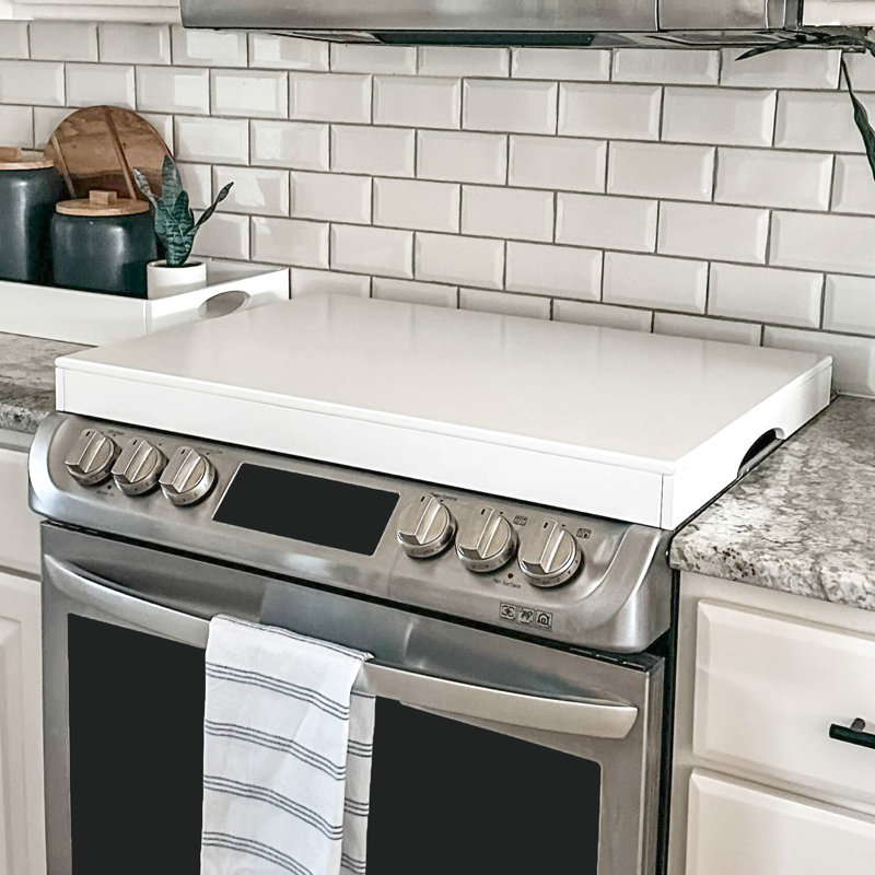 White Farmhouse Wooden Stove Top Cover – Handmade Noodle Board Burner Cover & Kitchen Counter Space Saver, 30" x 22", Rustic Stove Tray with Rubber Feet – Brandt Works USA