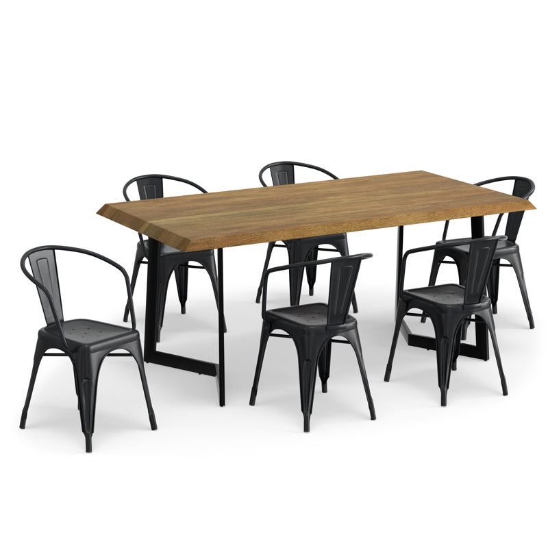 Ensemble repas industriel rustique 7 pièces avec table en bois de manguier massif et 6 chaises rembourrées Larkin