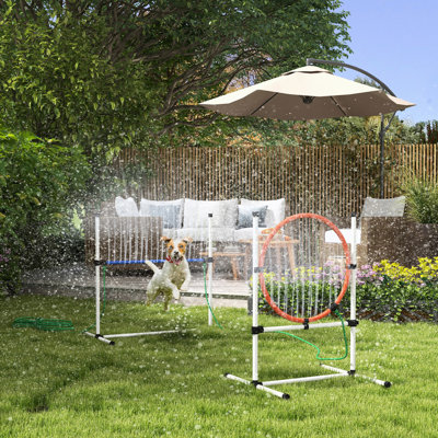 3 Piece Dog Agility Training - Adjustable Height Jumping Ring & Hurdle, Water Spray Feature, Lightweight Carry Bag, Whistle Maximize Dog's Value 3 Com