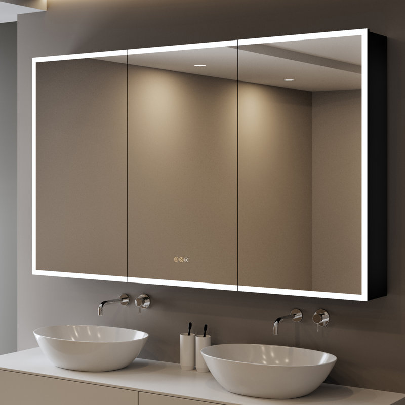 60" W x 32" H Aire Black Aluminum Surface/Recessed Mount Medicine Cabinet with Mirrors, Anti‑Fog, 3‑Color Dimmable Lighting and Adjustable Glass Shelves for Makeup, Shaving or Bathroom Vanity Storage