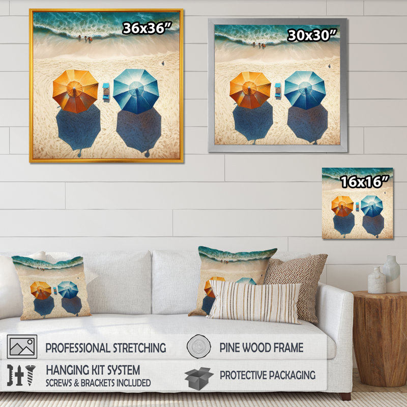 «Beachside Chairs And Umbrellas IV», reproduction sur toile, H 30 po x l 30 po x P 1 po, Encadrement doré