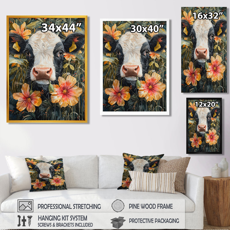 Peinture sur toile de vache Kenniya - Hibiscus, Impression encadrée flottante, H 20 po x l 12 po, Doré