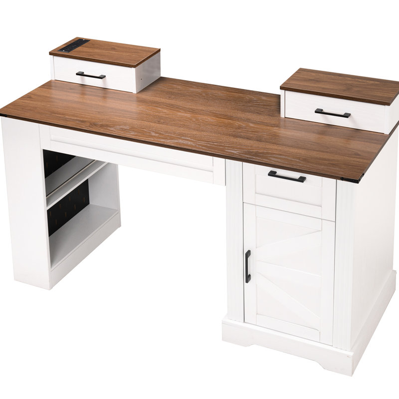 Bureau blanc de 55 po avec station de charge, support pour moniteur et glissières de tiroir pour une expérience de travail confortable et productive dans un bureau à domicile