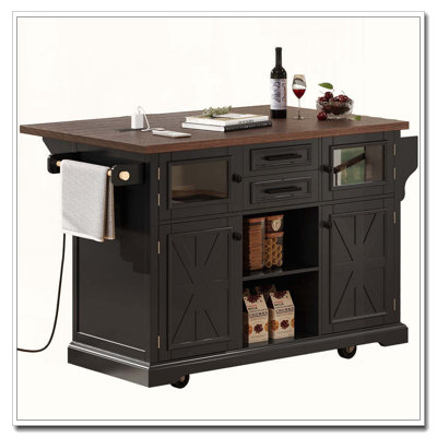54.9" Farmhouse Kitchen Island with Cross Barn Doors & Power Outlet