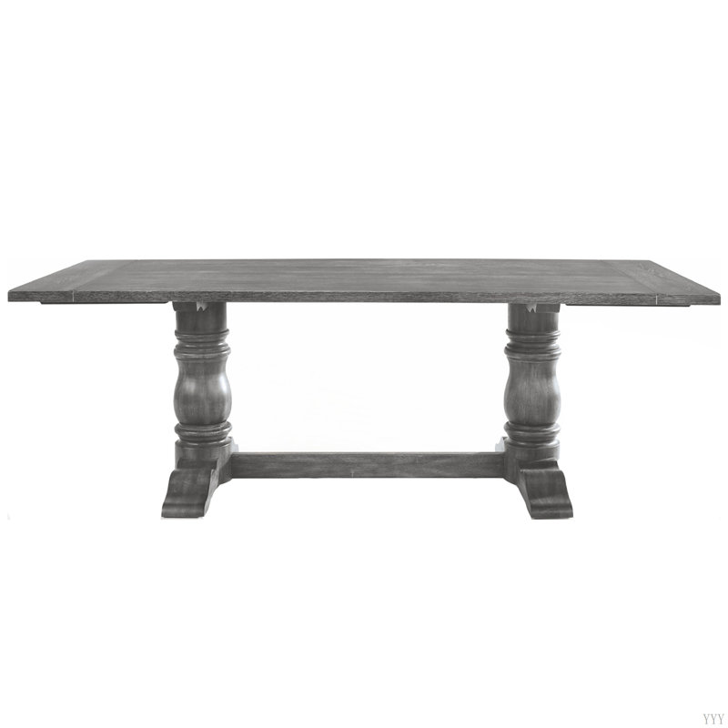 Table rectangulaire à tréteaux avec piédestal double tourné, gris vieilli