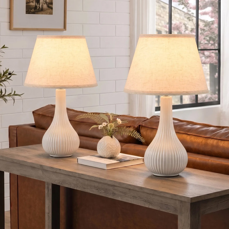 18 po Lampe de table moderne en céramique avec abat-jour en lin pour le salon de la chambre à coucher, White Ribbed