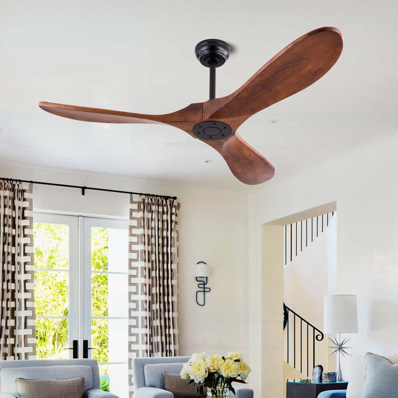 Ventilateur de plafond en bois naturel avec télécommande, 52 po sur 3 pales, moteur CC réversible à 6 vitesses pour une utilisation intérieure et extérieure