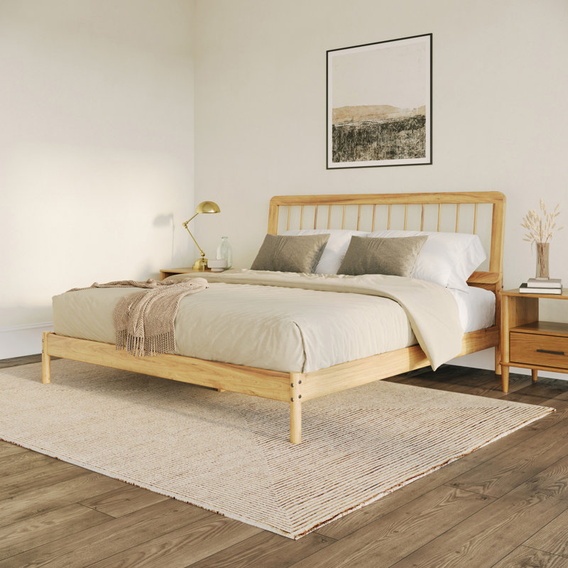 Natural Pine King Size Mid-Century Modern Wood Bed Frame