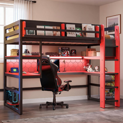 Wood MDF rich red twin size loft bed frame built for functional gaming spaces with integrated storage and RGB lighting