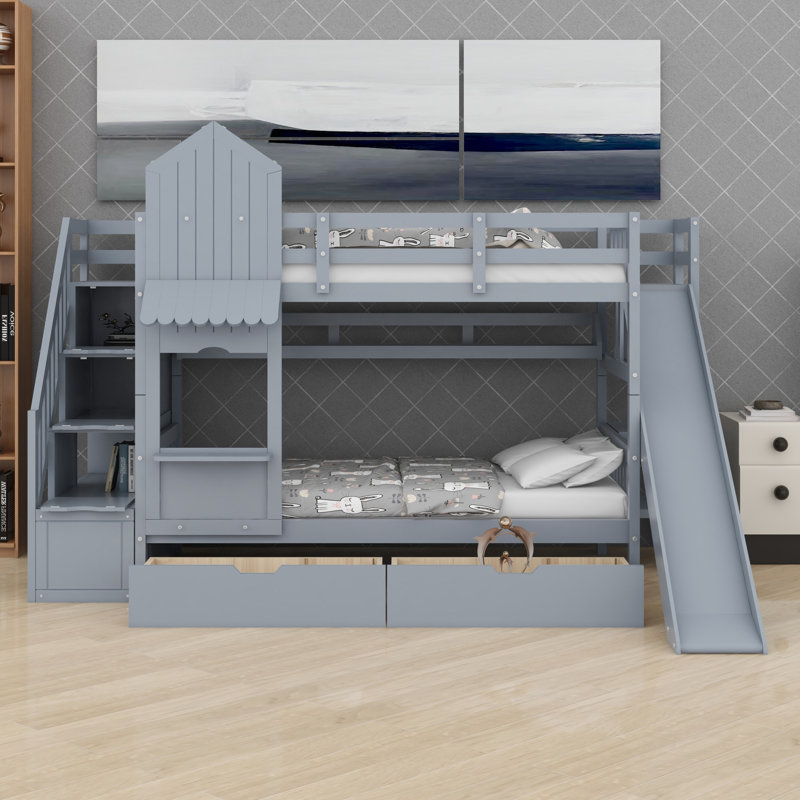 Lit superposé à thème château avec 2 tiroirs, 3 tablettes et glissade, parfait pour les chambres ludiques, Gray