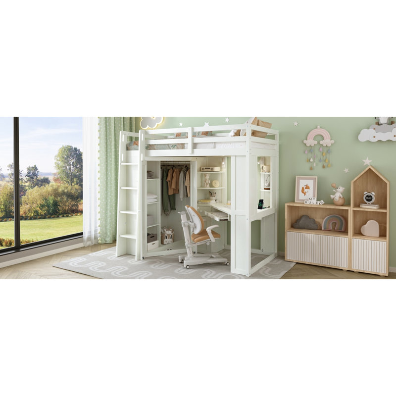 Lit gain de place beige et blanc avec armoire en bois, bureau et design moderne