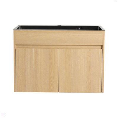 Armoire de salle de bain murale 28 po, avec lavabo en acier inoxydable et tuyau de vidange flexible, porte à fermeture en douceur, chêne, contreplaqué, emballage KD