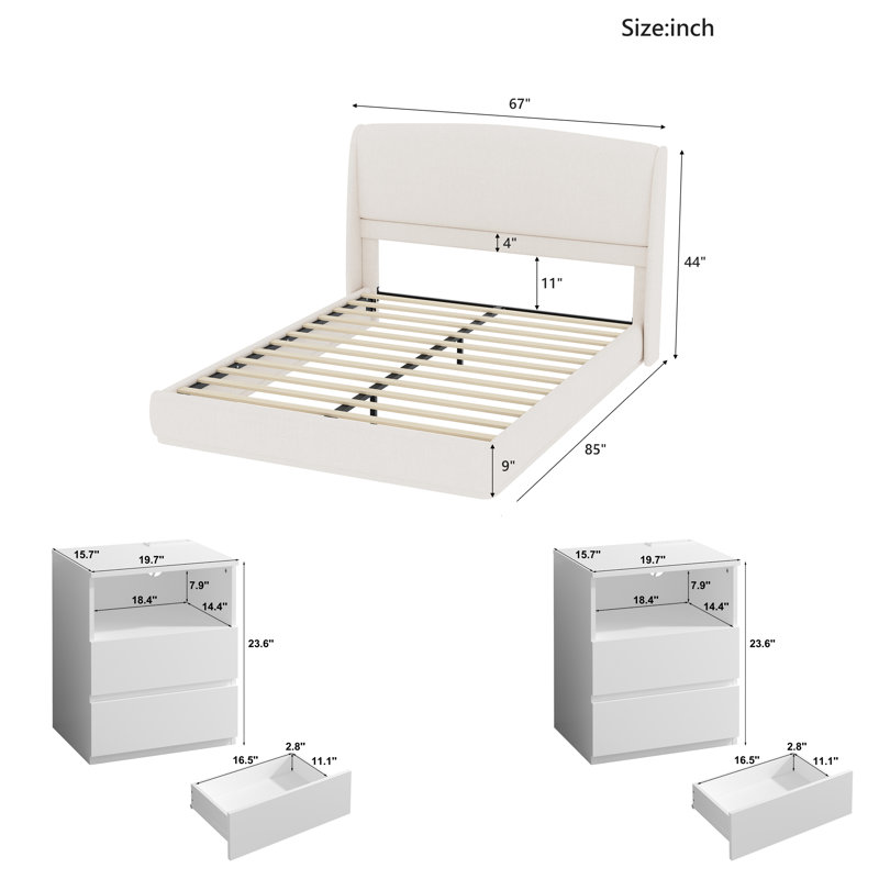 Ensemble de chambre à coucher 3 pièces, cadre de lit rembourré avec tête de lit à oreilles, ensemble de 2 tables de chevet en bois avec station de recharge USB C rapide