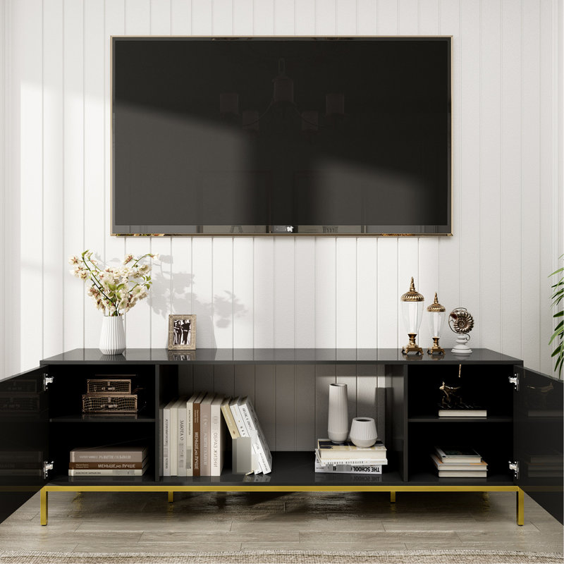 70-Inch Heavy Duty Tv Stand With Cabinet Storage And Open Shelves, Modern Black Media Entertainment Center Console Honeycomb Design, Golden Tapered Legs, Triangular Handles, Adjustable Shelf, Space