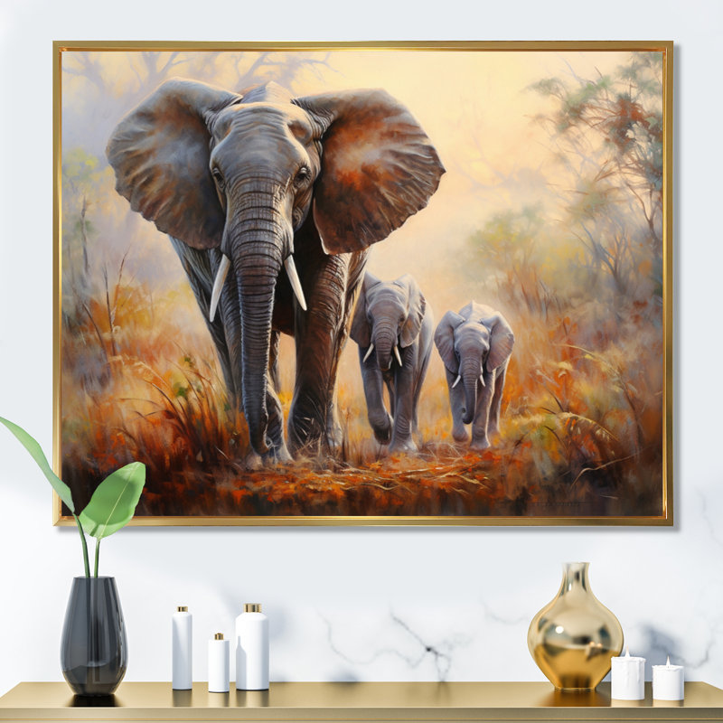Éléphant, reproduction d'art sur toile, éléphant, Cadre flottant doré, H 34 po x l 44 po x P 1,5 po