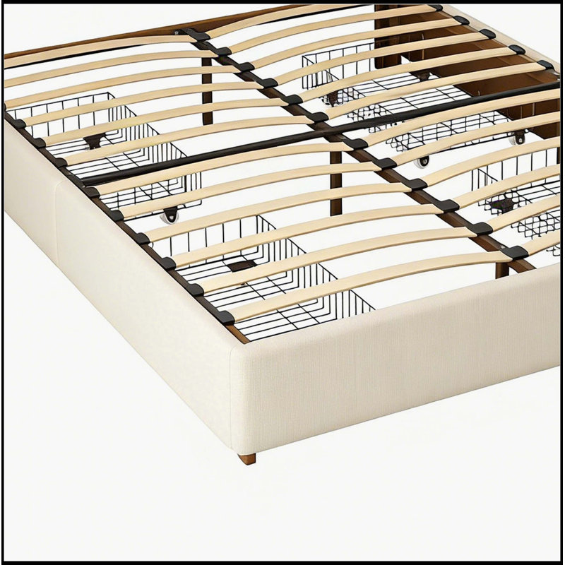 Lit plateforme tapissier ivoire avec tête de lit haute, style simple rétro, aucun sommier tapissier requis, assemblage facile
