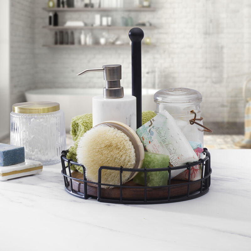 Black Iron and Mango Wood Tiered Condiment Caddy