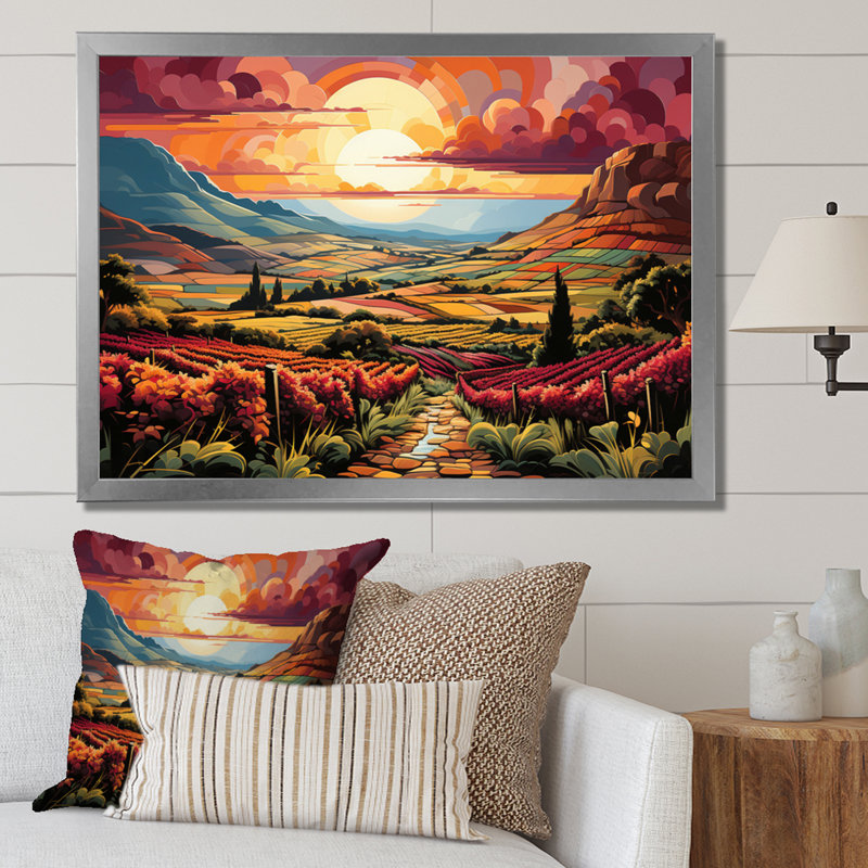 «Vineyard Sunset Rows Of Ruby Landscape II», reproduction sur toile, Cadre photo argenté, H 16 po x l 32 po x P 1 po