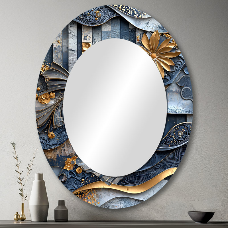 Blue And Grey Coastal Abstract Tiles III - Abstract Oval Decorative Mirror On Metal, 43" x 33"