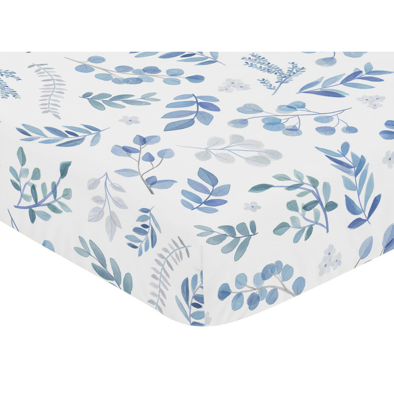 Drap-housse pour lit de bébé Botanical Leaf, Bleu / gris / blanc