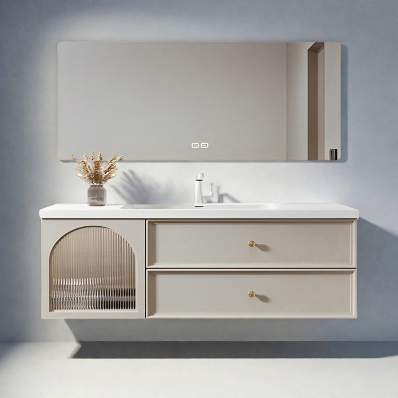 French cream style rest room bathroom cabinet, 59"