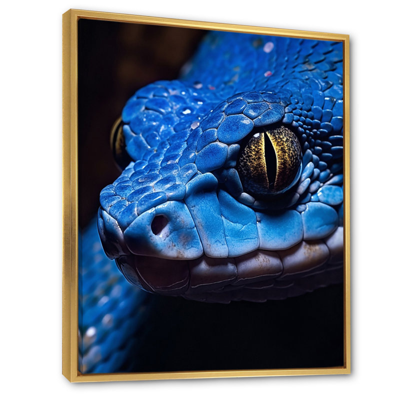 Portrait d'un serpent vipère bleu, faune I sur toile, Cadre flottant doré, H 44 po x l 34 po x P 1,5 po