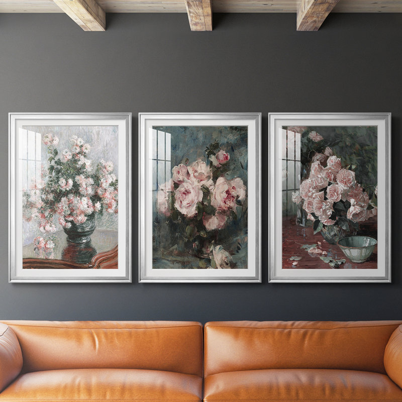 Imprimé floral rétro CCL XXVI - impression encadrée sur mesure de qualité supérieure - 3 pièces, Argent argent