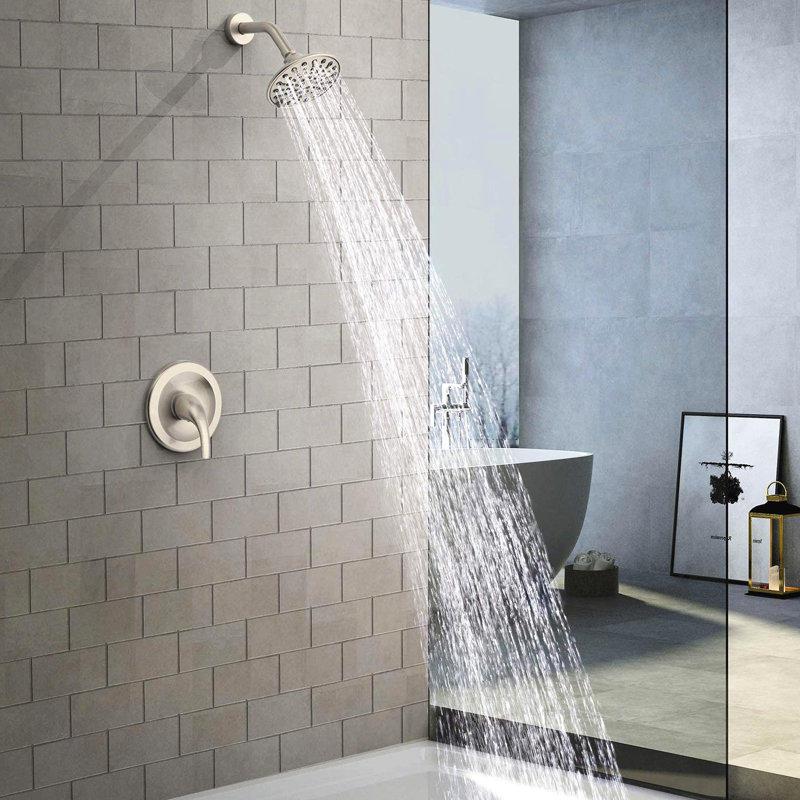 Single Handle 6 - Functions Wall Mounted Shower Faucet With Included Rough In Valve, Adjustable Joint For 360 Direction, Spray Holes, Lever Temperature Adjustment, Brushed Nickel Plastic Finish