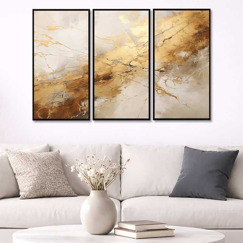 «Beige and Gold Marble Lightning I», ensemble d'art mural sur toile à formes abstraites, H 32 po x l 48 po x P 1 po