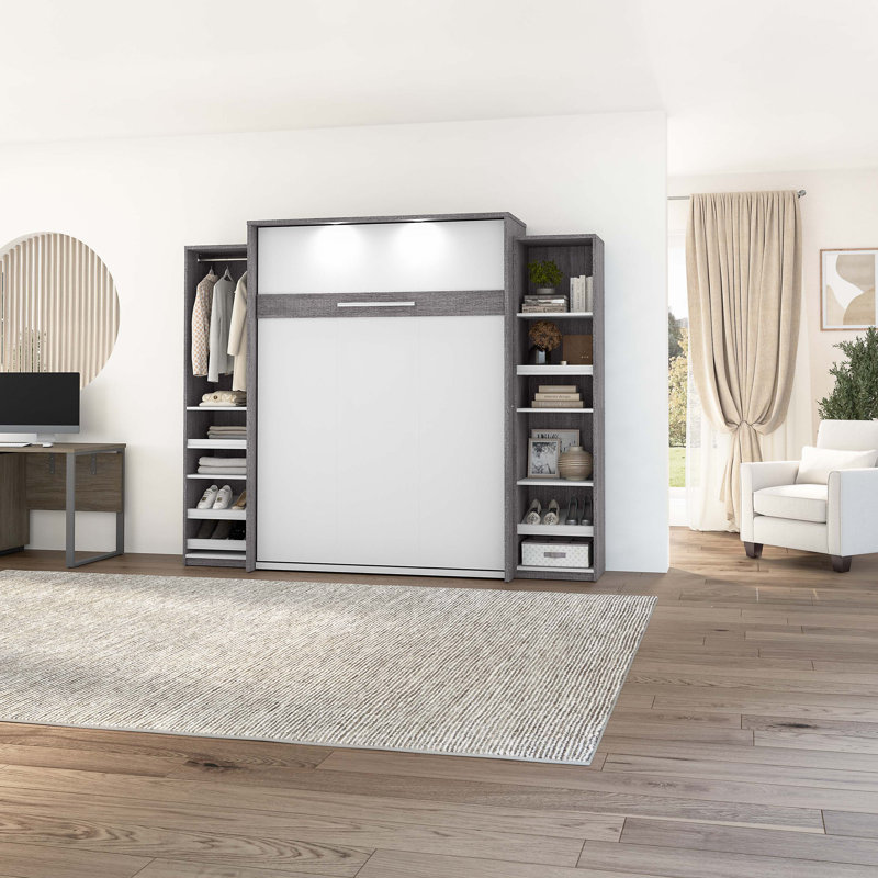 Osterman Storage Murphy Platform Bed with 2 Narrow Closet Organizers, Full, Bark Gray
