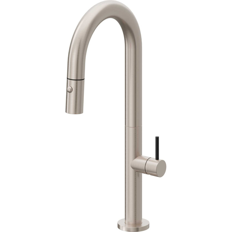 Pull-Down Prep/Bar Faucet With Button Sprayer, Satin Nickel, Black Short Stick