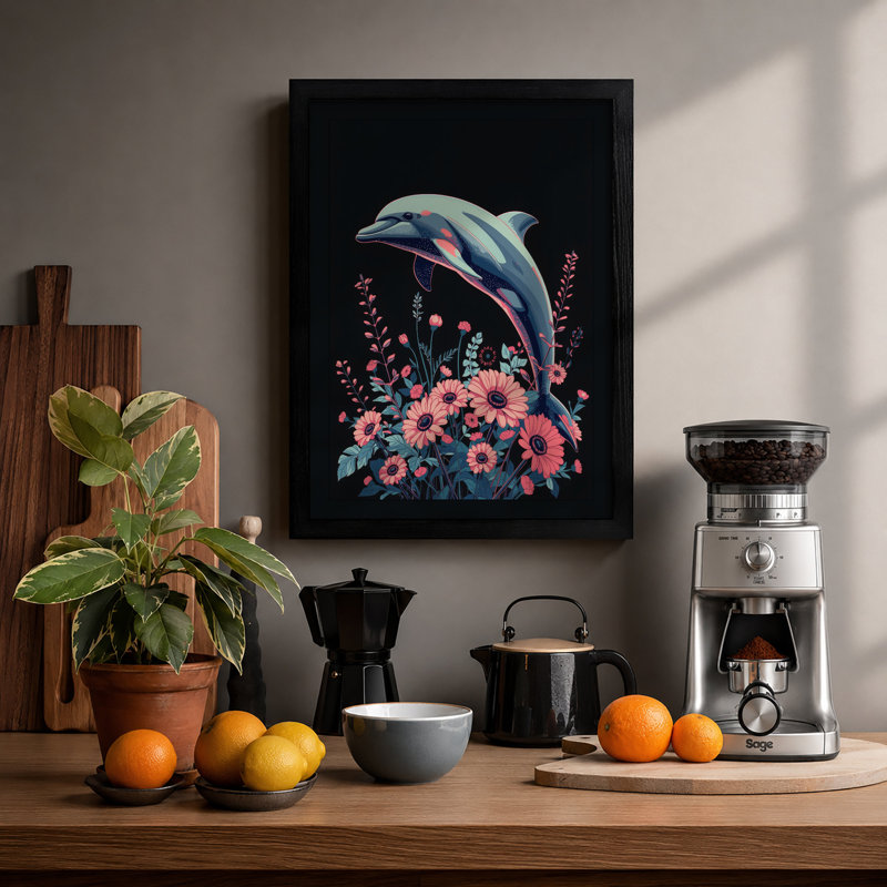 Dolphin Among Blooms Modern - Framed Print, Walnut, A3 - 42.0 x 29.7 cm