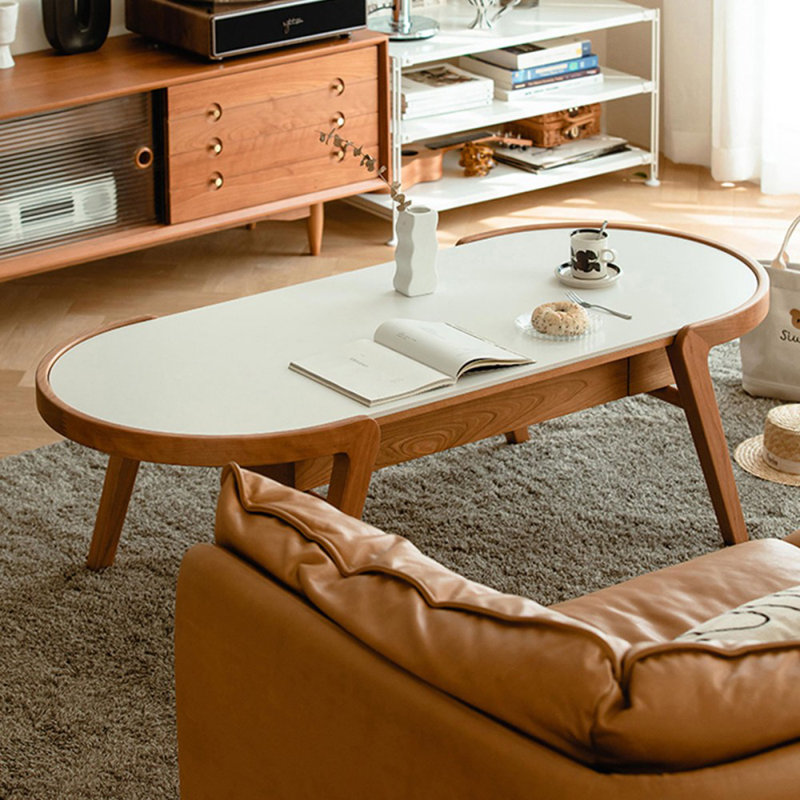Blanc / pierre frittée couleur bois de cerisier + table basse ovale en bois massif, H 17,91 po x L 48,82 po x l 23,23 po
