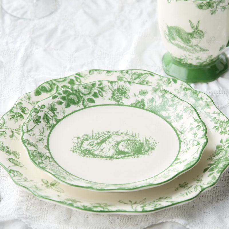 Le Jardin 11 Inch Dinner Plates Set of 4 – Green Bunny Spring Stoneware for Easter Meals, Garden Parties & Everyday Whimsy – Dishwasher & Microwave Safe