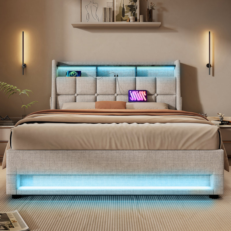 Lit plateforme tapissier avec système de rangement hydraulique, DEL et chargement USB