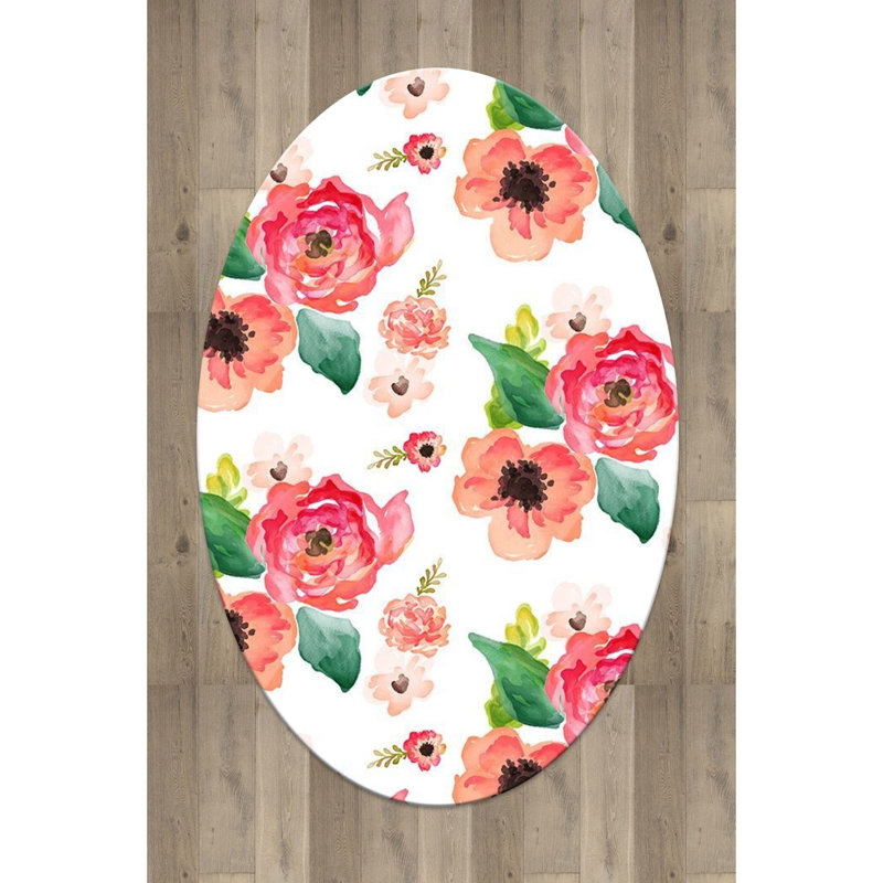 Tapis en polyester tissé à la machine blanc / vert / rose Edibe, Ovale 3 pi 11 po x 5 pi 9 po