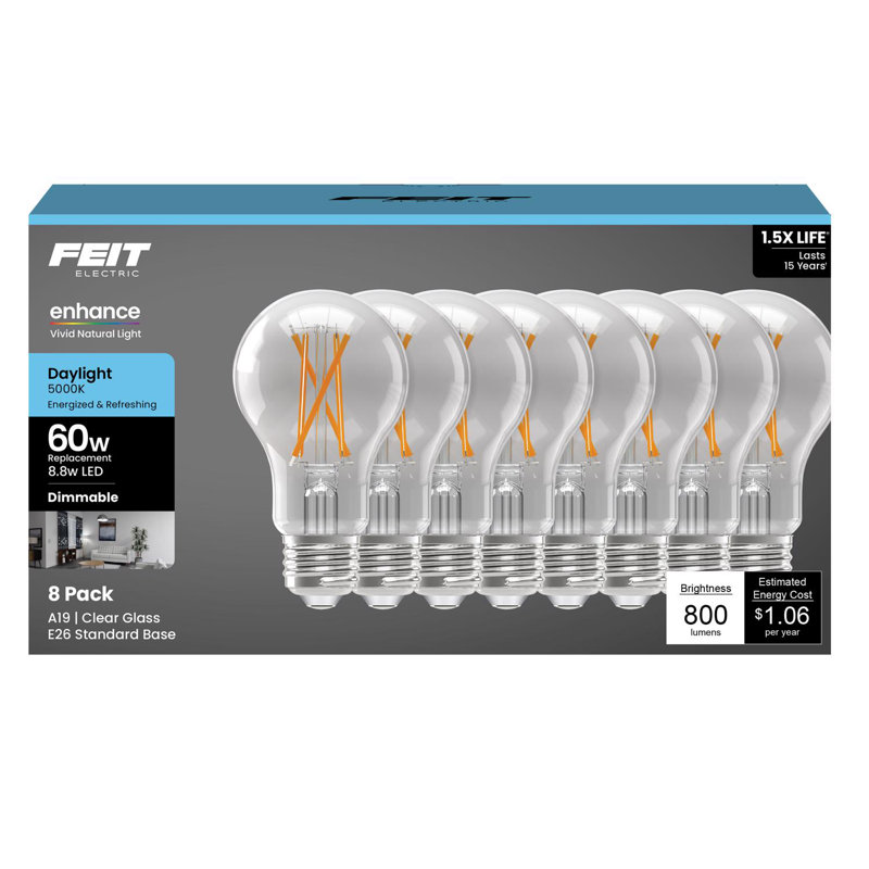 Ampoule à DEL Feit A19 E26 (moyenne) à filament, équivalente à 60 watts, paquet de 8, 5000 kelvins, 8,8 W