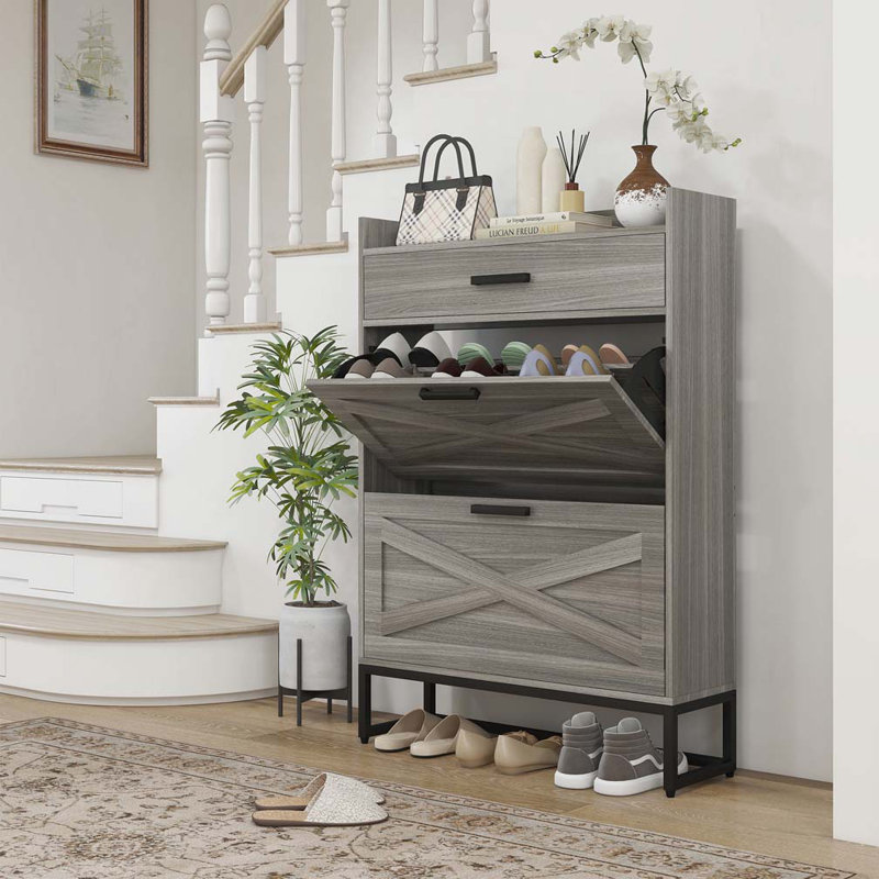 Narrow Shoe Cabinet, Industrial Shoe Storage Cabinet with 2 Flip Drawers, Gray
