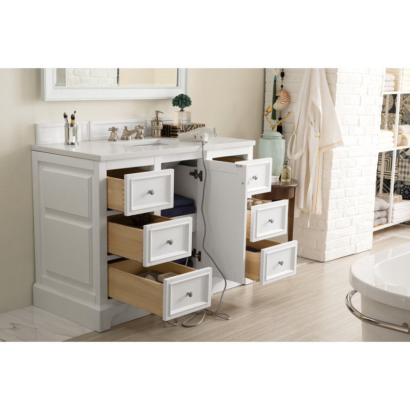 De Soto 48'' W Single Vanity, Bright White, Carrara White Marble, 8" Widespread