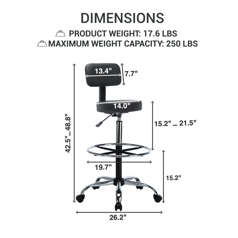 Miyana Comfy Adjustable Drafting Stool with Footrest, Adjustable Height, Black