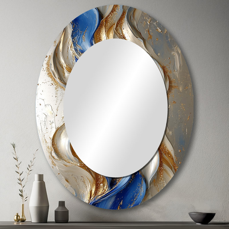 Rhythmic Golden Ink Waves Fusion II - Miroir décoratif ovale abstrait sur métal, 43 po x 33 po