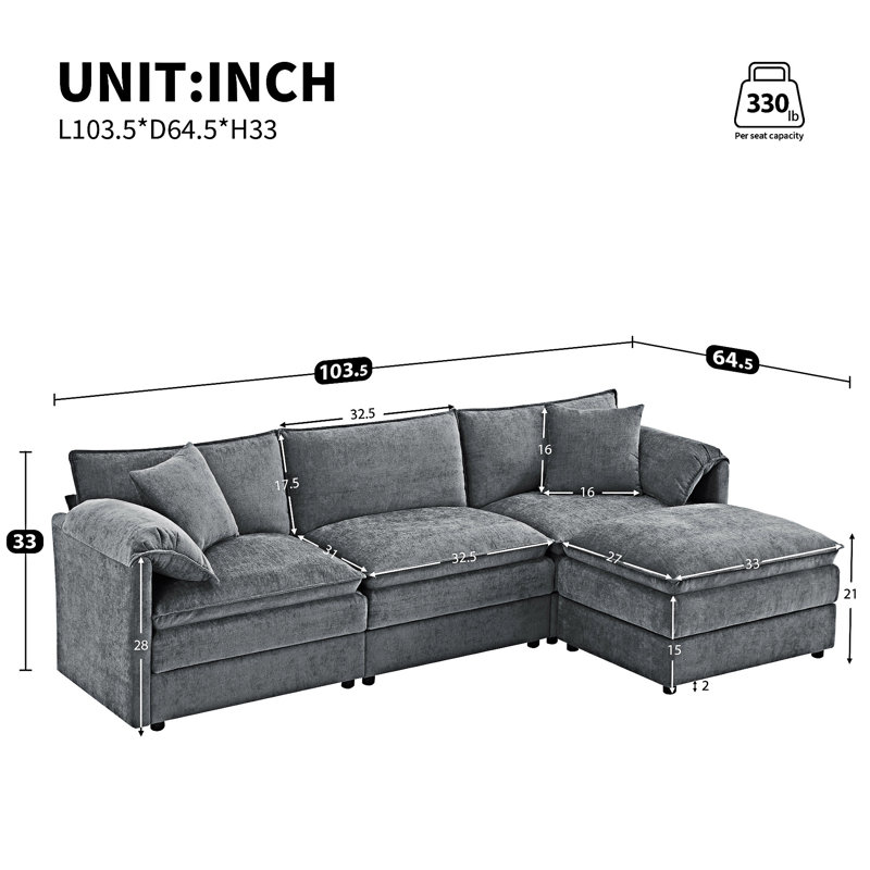 Modular Sectional Sofa With Movable Ottoman, Dark Gray Chenille