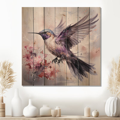 Grey Fluttering Hummingbird Blooms III - Hummingbird Animal On Wood Print